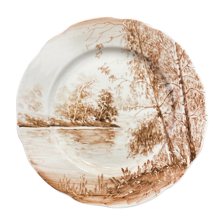 Тарелка десертная Дубок в цветной росписи Титова диаметр 20 см. Гжельский фарфоровый завод