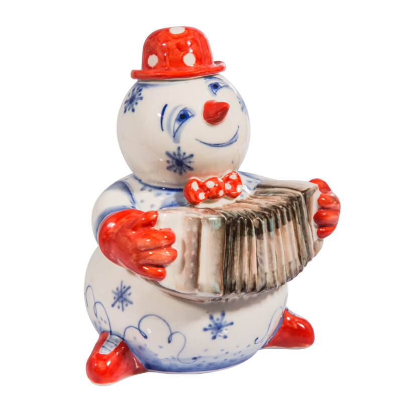 Скульптура Снеговик с гармошкой (подглазурные цветные краски, кобальт) 2 сорт