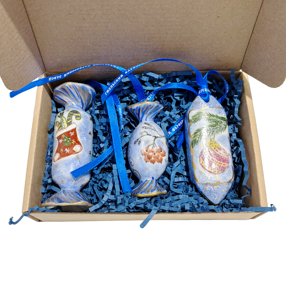 Набор ёлочных игрушек &amp;quot;Конфетки&amp;quot; в цветной росписи в коробке Гжельский фарфоровый завод