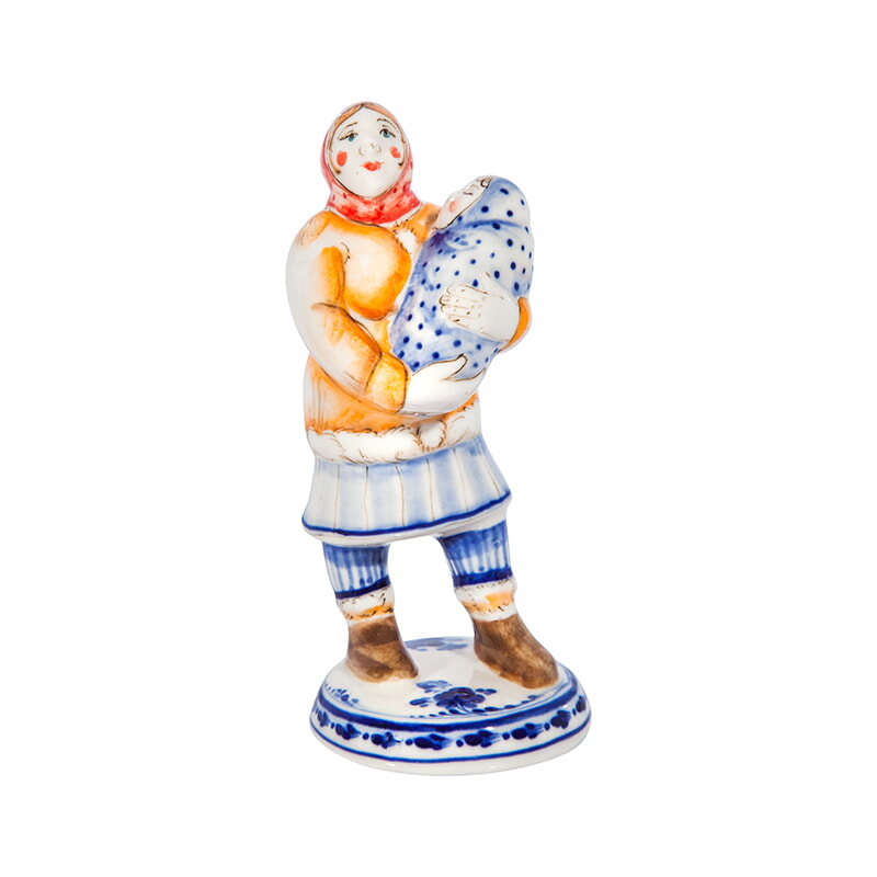 Скульптура Селянка (поглазурные цветные краски, кобальт) Гжельский фарфоровый завод