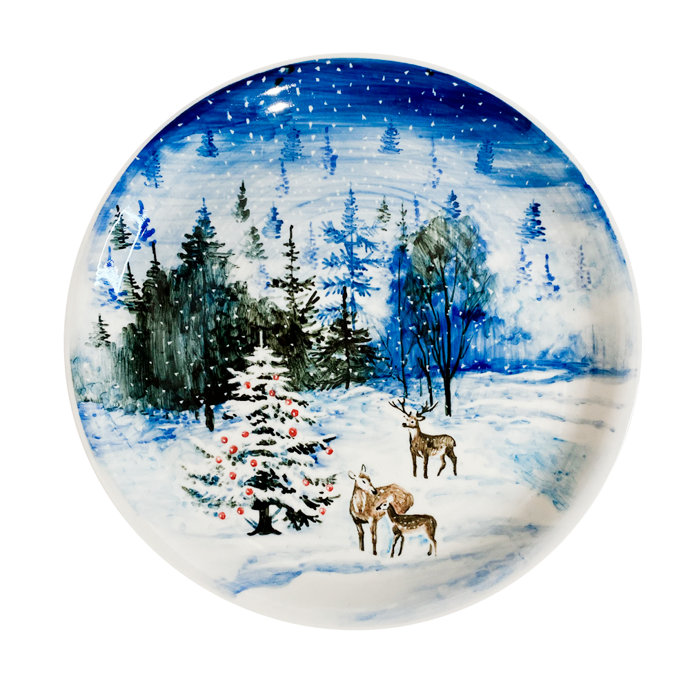 Тарелка Подарочная в цветной росписи Титова Зимний лес диаметр 27 см. Гжельский фарфоровый завод