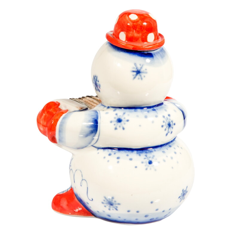 Скульптура Снеговик с гармошкой (подглазурные цветные краски, кобальт) Гжельский фарфоровый завод