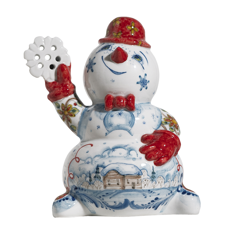 Скульптура Снеговик с снежинкой (подглазурные цветные краски) авторская работа