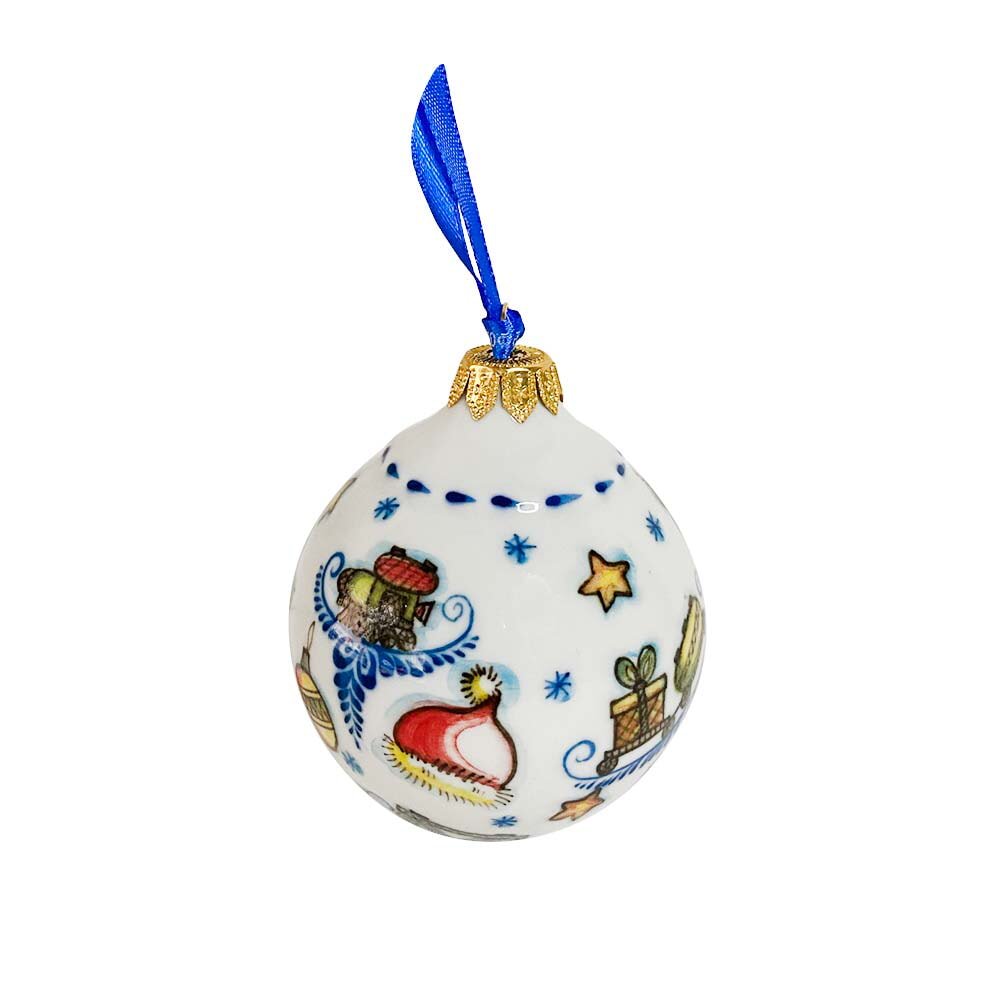 Ёлочная игрушка Шар &amp;quot;Паровозики&amp;quot; Гжельский фарфоровый завод