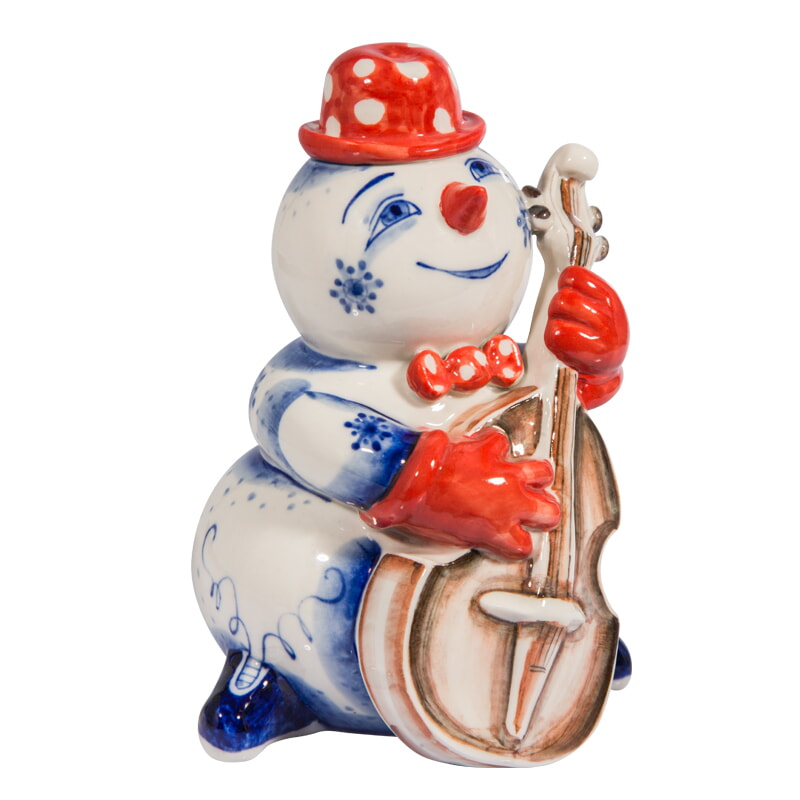 Скульптура Снеговик с контрабасом (подглазурные цветные краски, кобальт) Гжельский фарфоровый завод