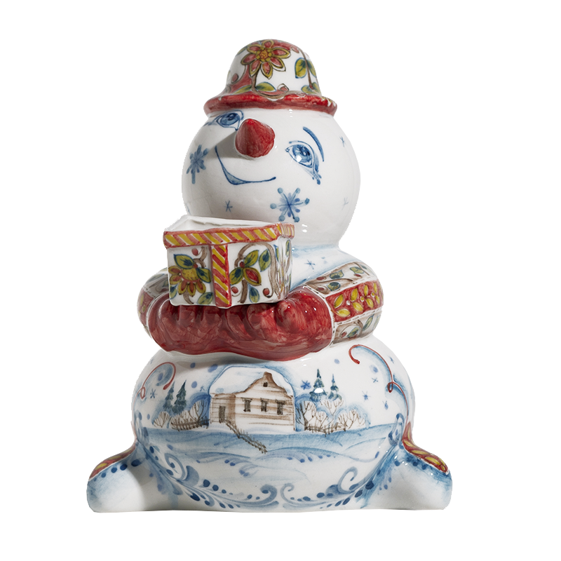 Скульптура Снеговик с подарком (подглазурные цветные краски) авторская работа
