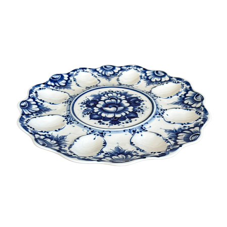 Тарелка для яиц в пышной росписи Исакиной Гжельский фарфоровый завод