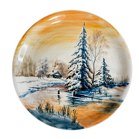 Тарелка Подарочная в цветной росписи Титова Зимний закат диаметр 27 см.