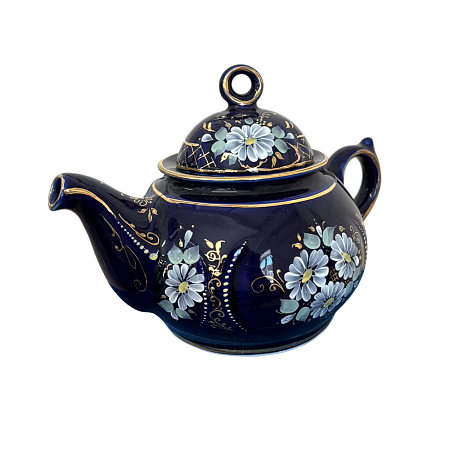 Чайник Пышка в глухом кобальте с цветной росписью Гжельский фарфоровый завод