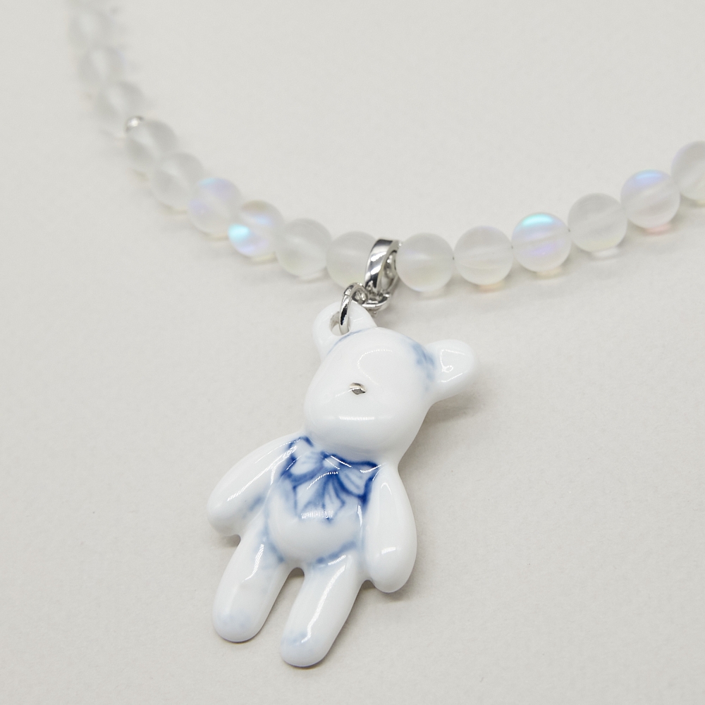 Кулон Мишка съемный роспись бантик со стеклом в платине из коллекции ГФЗ &amp;amp; Buylerika Ceramic Гжельский фарфоровый завод